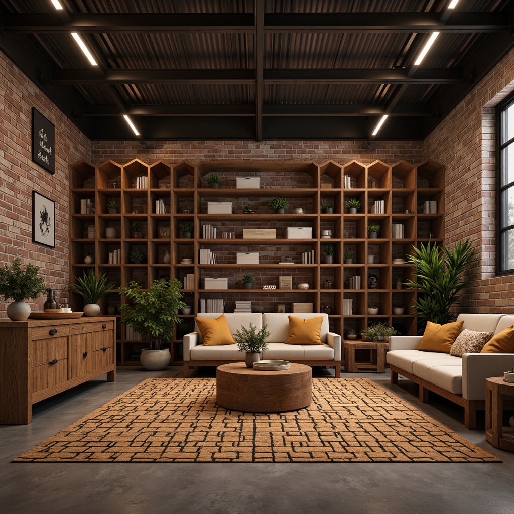 Prompt: Cozy storage room, hexagonal shelves, triangular cabinets, circular tables, rectangular crates, geometric patterned rugs, industrial metal beams, exposed brick walls, modern minimalist decor, warm LED lighting, shallow depth of field, 1/1 composition, symmetrical layout, monochromatic color scheme, distressed wood textures, ambient occlusion.