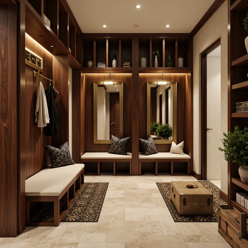 Prompt: Luxurious mudroom, rich walnut wood accents, metallic gold hardware, ornate mirrors, plush velvet benches, geometric patterned rugs, elegant chrome lighting fixtures, sophisticated art deco-inspired accessories, vintage luggage racks, distressed leather ottomans, natural stone flooring, warm beige walls, soft warm lighting, shallow depth of field, 1/1 composition, realistic textures, ambient occlusion.