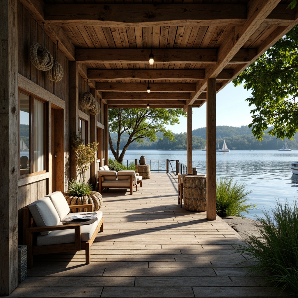 Prompt: Rustic boathouse, wooden docks, serene lake scenery, lush greenery, weathered wood accents, nautical ropes, sailboats, calm water reflections, soft warm lighting, shallow depth of field, 3/4 composition, panoramic view, realistic textures, ambient occlusion, earthy color palette, natural materials, driftwood-inspired furniture, aquatic blues, sandy neutrals, mossy greens.