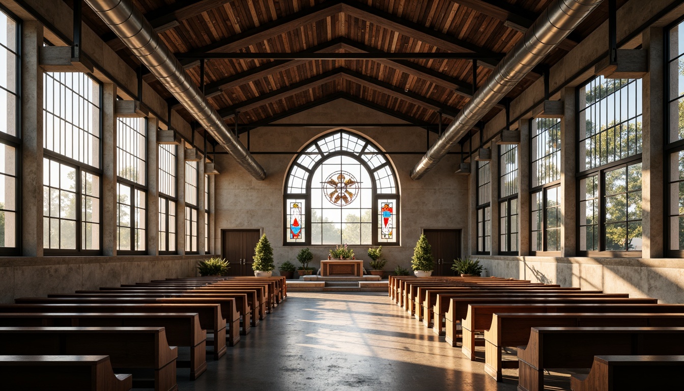 Prompt: Industrial chapel, metal beam ceilings, exposed ductwork, reclaimed wood accents, stained glass windows, minimalist pews, modernist altar, brutalist concrete walls, ornate steel doors, vaulted rooflines, grandiose entranceways, dramatic natural light, warm ambient glow, shallow depth of field, 1/2 composition, symmetrical framing, realistic metallic textures, subtle atmospheric fog.