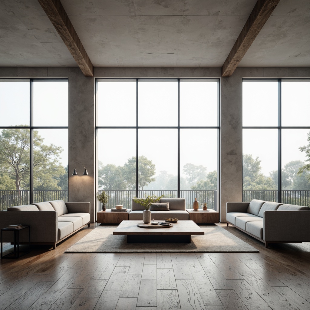 Prompt: Minimalist living room, low-profile sofa, sleek coffee table, floor-to-ceiling windows, natural light pouring in, subtle textures, monochromatic color scheme, empty space, simplicity emphasized, geometric-shaped decorations, industrial-chic metal accents, reclaimed wood flooring, soft ambient lighting, shallow depth of field, 1/1 composition, realistic reflections, atmospheric fog effect.