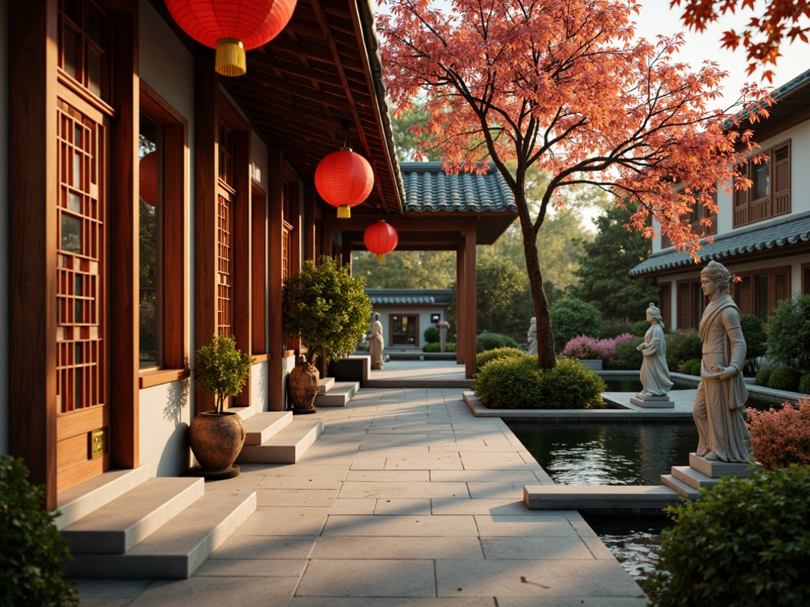 Prompt: Vibrant red lanterns, intricately carved wooden doors, elegant stone statues, lush greenery, delicate cherry blossom patterns, warm golden lighting, shallow depth of field, 1/2 composition, traditional Japanese or Chinese architecture, ornate metalwork, bold turquoise accents, natural wood tones, soft silk textiles, serene water features, peaceful ambiance, subtle misting effect.