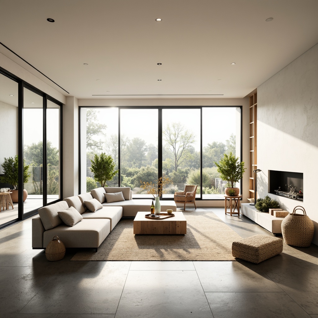 Prompt: Minimalist living room, large windows, sliding glass doors, white walls, polished concrete floors, sparse furniture, low-profile sofas, sleek coffee tables, floor lamps, natural textiles, woven baskets, potted greenery, abundant sunlight, soft warm lighting, shallow depth of field, 1/1 composition, panoramic view, realistic textures, ambient occlusion.