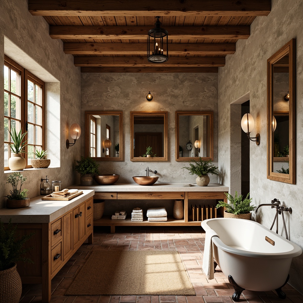 Prompt: Rustic bathroom, natural stone walls, reclaimed wood cabinets, earthy tone countertops, copper fixtures, exposed brick flooring, vintage metal lanterns, wooden beam ceilings, distressed finishes, warm soft lighting, cozy ambiance, freestanding tubs, rainfall showerheads, woven basket storage, potted greenery, natural textiles, organic shapes, eclectic decor, earthy color palette.