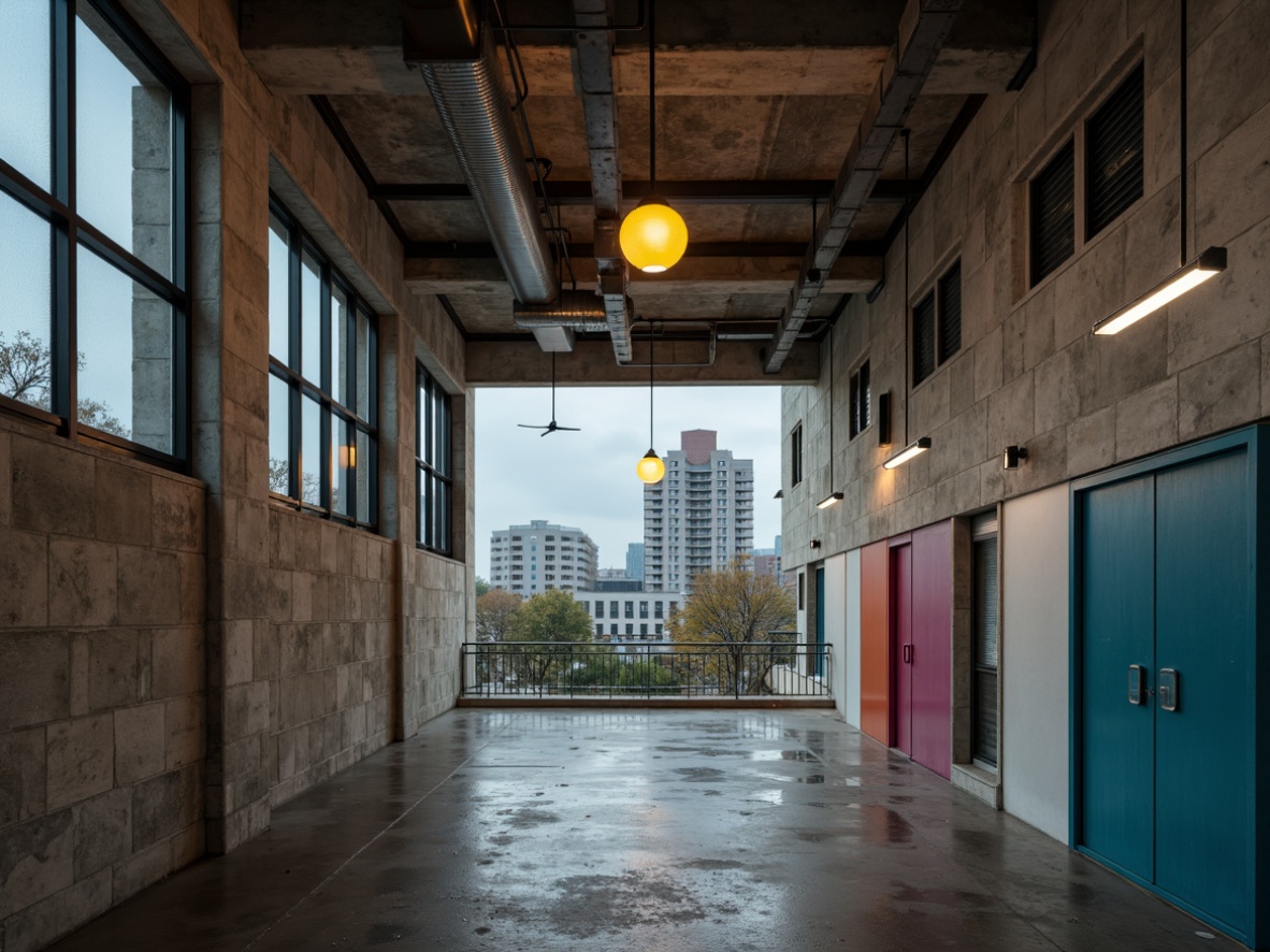 Prompt: Rugged brutalist school building, raw concrete walls, industrial metal beams, minimalist decor, functional lighting fixtures, exposed ductwork, urban cityscape, overcast sky, dramatic shadow play, high-contrast lighting, bold color accents, geometric-shaped lamps, industrial-style pendant lights, diffused natural light, abstract textures, 3/4 composition, shallow depth of field, cinematic mood.