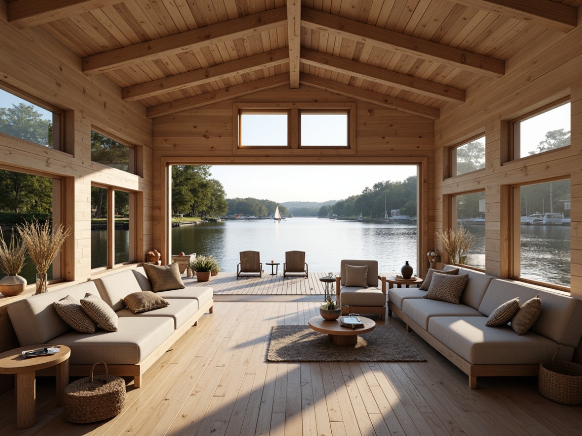 Prompt: Scandinavian boathouse, natural waterfront, open wooden decks, floor-to-ceiling windows, minimalist interior design, light-colored woods, cozy reading nooks, nautical decorations, vintage boat elements, rustic metal accents, soft warm lighting, shallow depth of field, 1/1 composition, panoramic view, realistic textures, ambient occlusion.