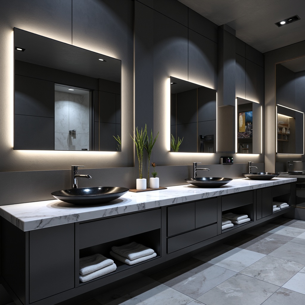 Prompt: Glossy sink basins, curved faucet handles, LED-lit mirrors, marble countertops, minimalist cabinetry, soft-close drawers, chrome accents, waterfall edges, wall-mounted fixtures, modern rectangular shapes, high-gloss finishes, subtle ambient lighting, shallow depth of field, 1/1 composition, realistic reflections, futuristic aesthetic.