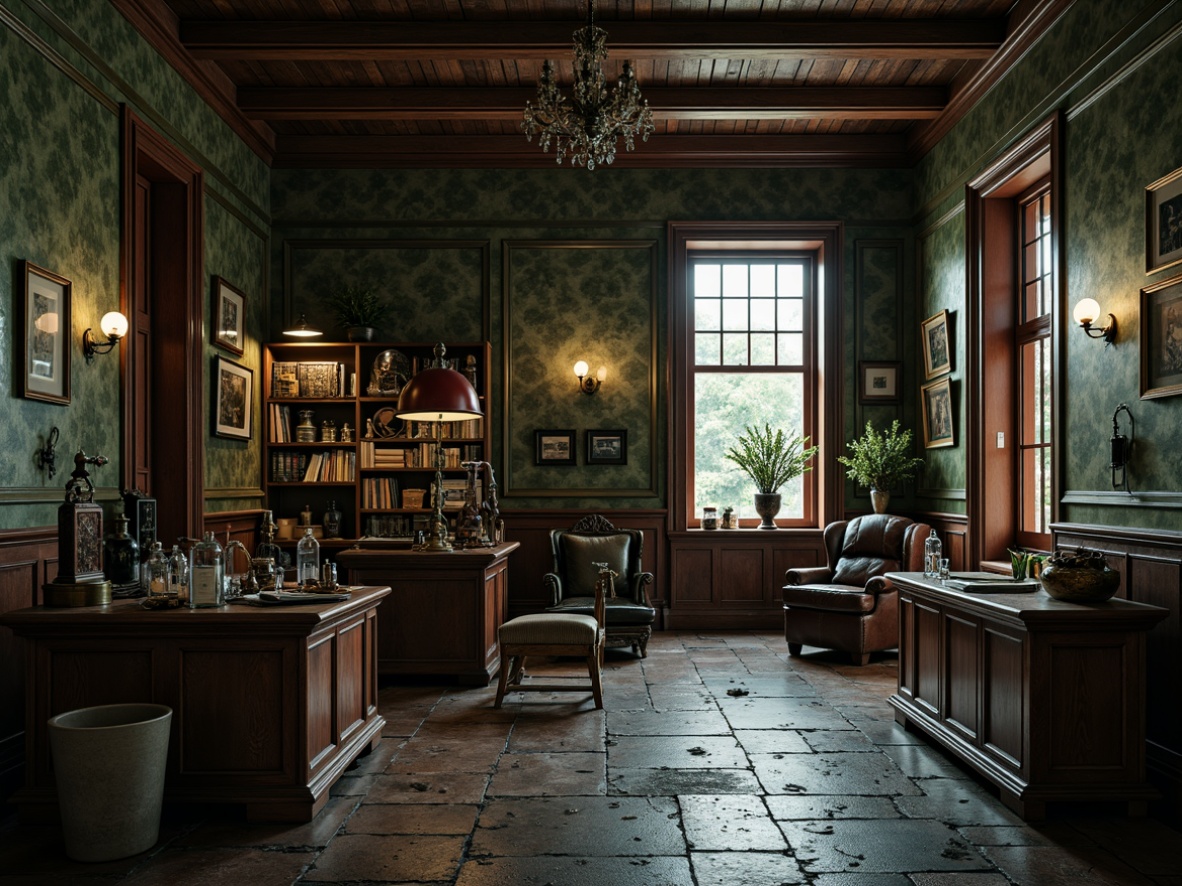 Prompt: Dark academic walls, rich wood accents, mysterious emerald green, soothing cream, dramatic crimson red, luxurious gold trim, ornate metal details, vintage apothecary fixtures, distressed stone floors, atmospheric dim lighting, moody shadows, eerie silence, abandoned laboratory equipment, worn leather furniture, mystical ancient tomes, archaic medical artifacts.