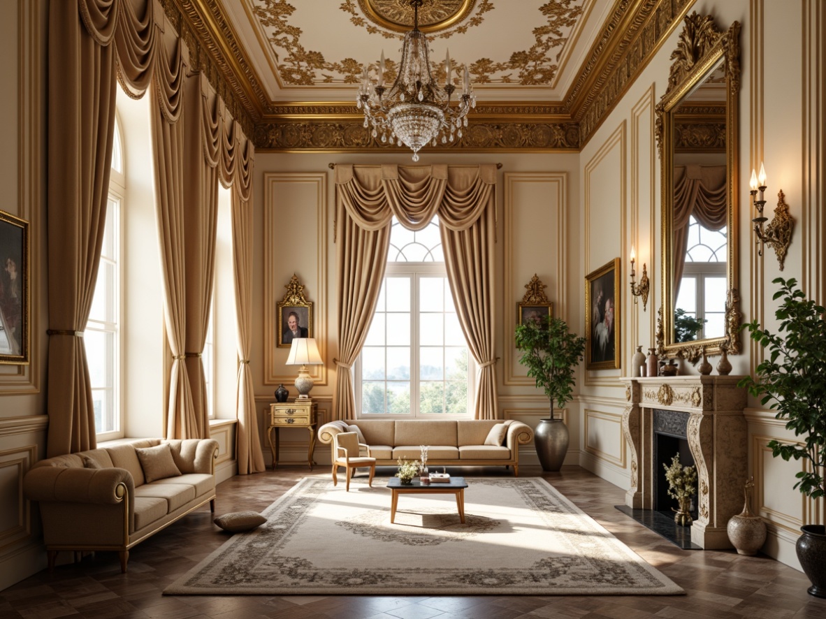 Prompt: Opulent Rococo-style mansion, intricately carved moldings, gilded details, soft creamy hues, lavish furnishings, ornate mirrors, crystal chandeliers, velvet drapes, marble flooring, richly textured fabrics, delicate lace patterns, subtle sheen, warm candlelight, dramatic shadows, 1/2 composition, shallow depth of field, realistic reflections, ambient occlusion.