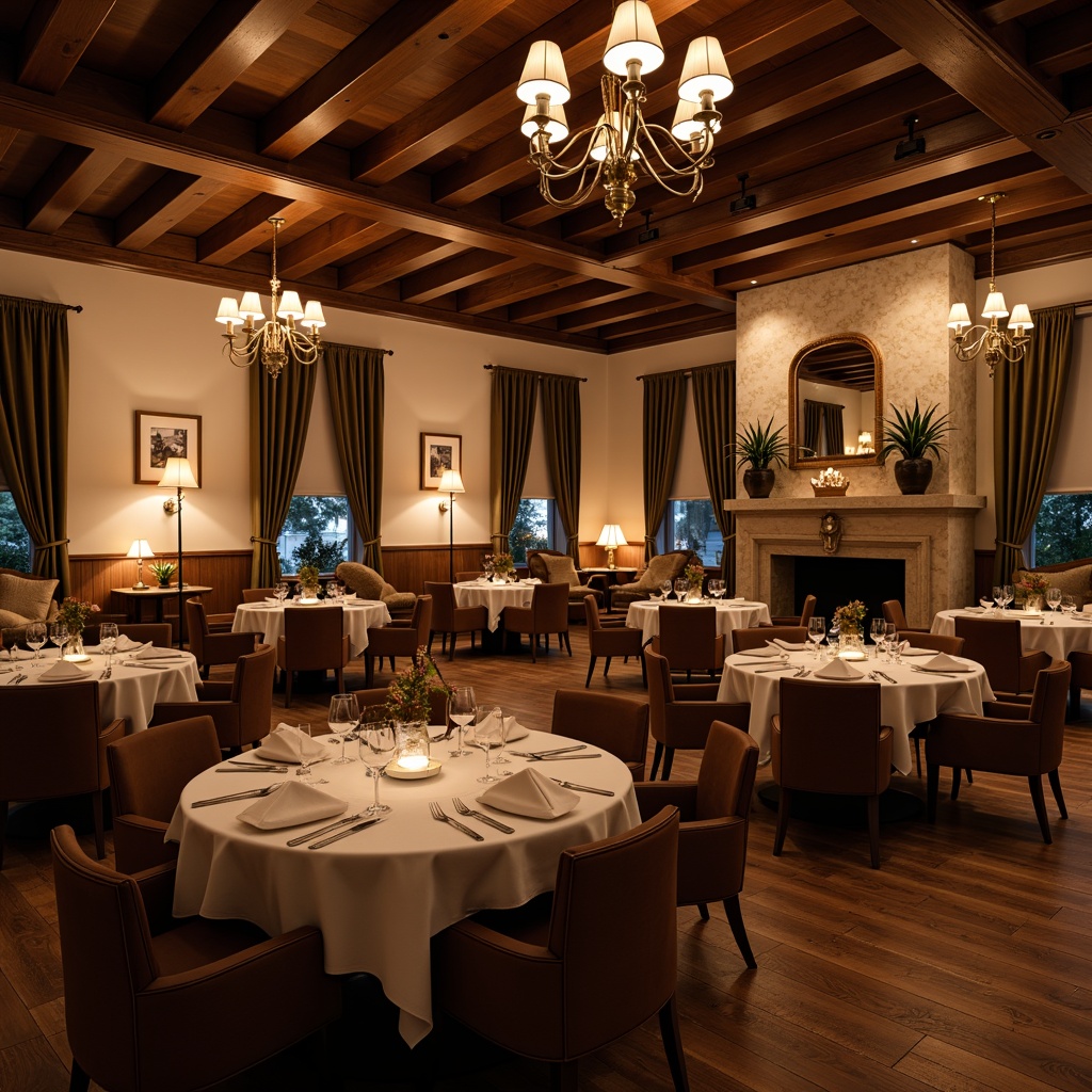 Prompt: Cozy dining room, warm wooden furniture, rich wood tones, soft beige walls, elegant chandeliers, plush velvet drapes, rustic stone fireplace, comfortable seating arrangements, intimate dinner settings, warm candlelight, subtle shadows, shallow depth of field, 1/1 composition, realistic textures, ambient occlusion.