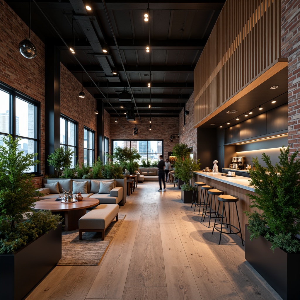 Prompt: Luxurious modern interior, metallic accents, polished chrome surfaces, matte black finishes, rose gold details, sleek lines, minimalist decor, ambient soft lighting, shallow depth of field, 1/1 composition, realistic reflections, industrial chic atmosphere, urban loft setting, reclaimed wood floors, exposed brick walls, comfortable lounge seating, greenery-filled planters.