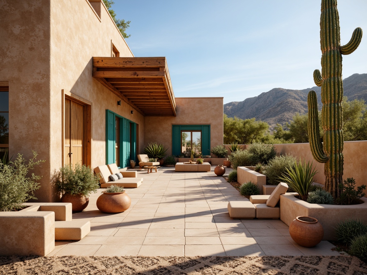 Prompt: Southwestern adobe architecture, earthy tone walls, textured stucco finishes, rustic wooden accents, vibrant turquoise accents, desert landscape, cacti plants, warm sunny day, clear blue sky, vast open space, organic natural shapes, curved lines, earthy color palette, sandy beige tones, terracotta pots, woven textiles, geometric patterned rugs, ambient soft lighting, shallow depth of field, 3/4 composition, realistic textures, atmospheric perspective.