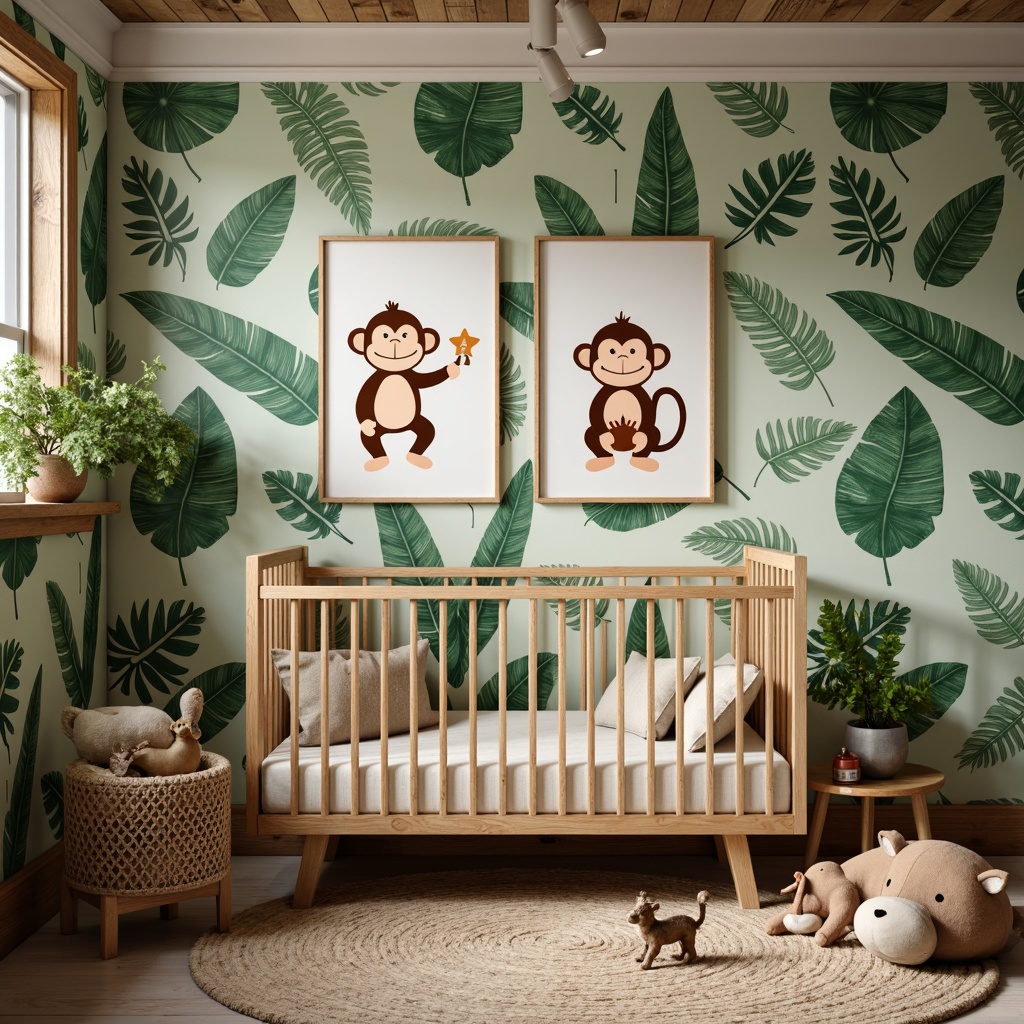 Prompt: Whimsical zoo-themed nursery, playful monkey illustrations, jungle leaf wallpaper, wooden animal figurines, vintage circus posters, distressed wooden frames, earthy color palette, natural textures, soft warm lighting, shallow depth of field, 3/4 composition, realistic fur textures, ambient occlusion.