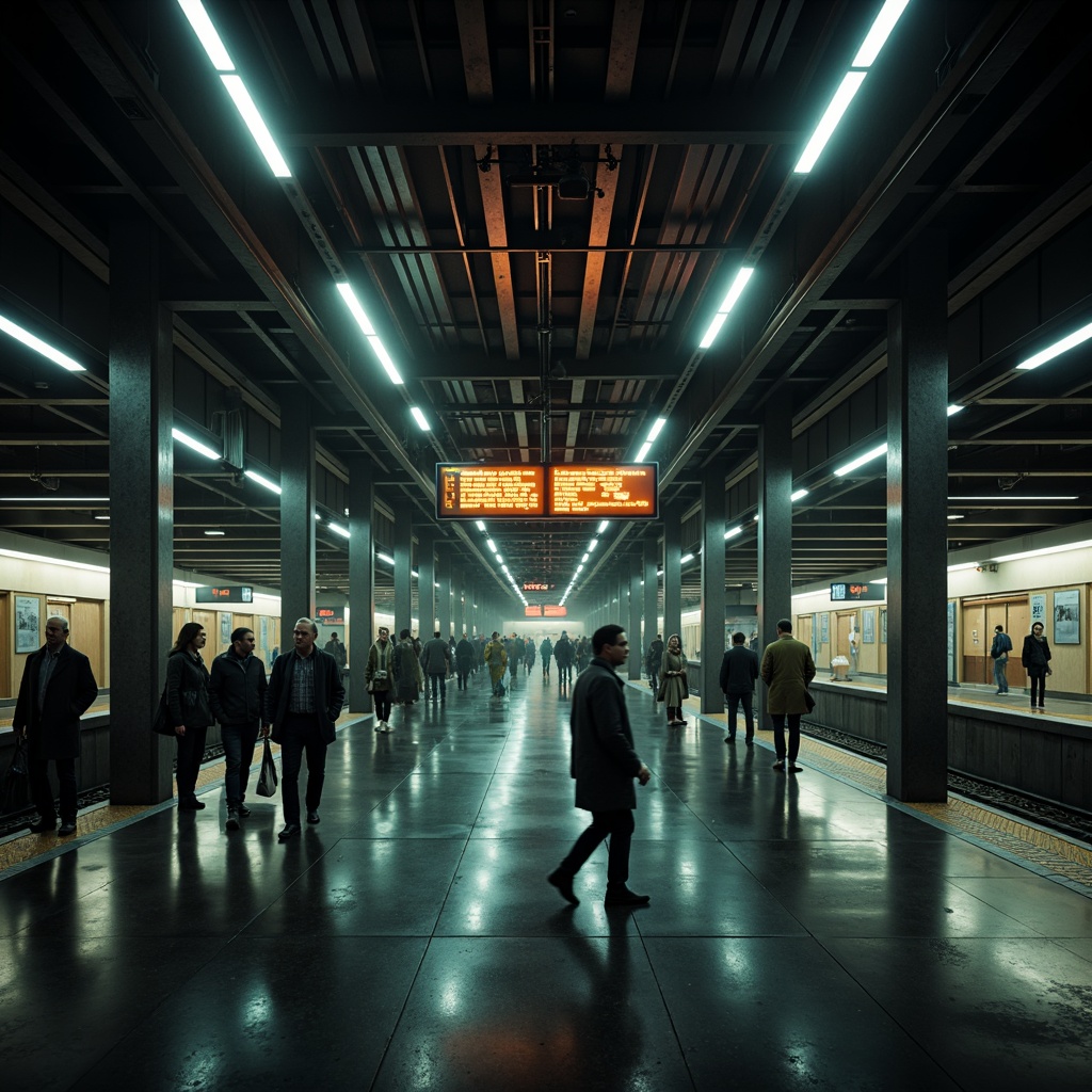 Prompt: Moody metro station, urban infrastructure, atmospheric lighting, warm color temperatures, soft glowing signage, LED strips, futuristic architecture, sleek metal columns, minimalist design, high ceilings, spacious platforms, bustling crowds, dynamic shadows, cinematic ambiance, dramatic spotlights, ambient occlusion, realistic reflections, detailed textures, 1/1 composition, symmetrical framing, low-key lighting, mysterious atmosphere.