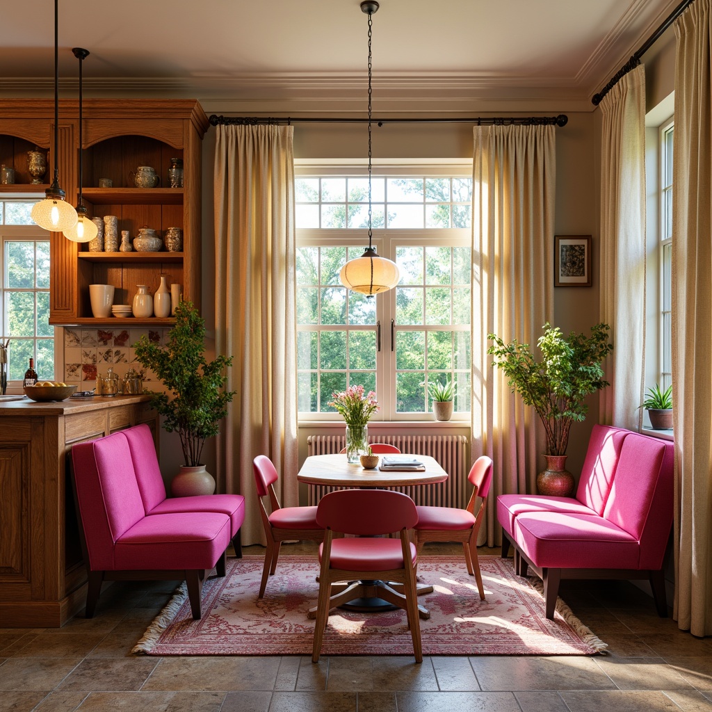 Prompt: Vibrant fuchsia breakfast nook, warm golden lighting, rich wood accents, soft creamy whites, bold coral pinks, bright turquoise blues, lush greenery, natural stone floors, cozy velvet upholstery, rounded modern furniture, eclectic vintage decor, whimsical patterned rugs, warm beige walls, delicate lace curtains, airy open shelving, rustic metal hardware, inviting breakfast bar, stylish pendant lighting.