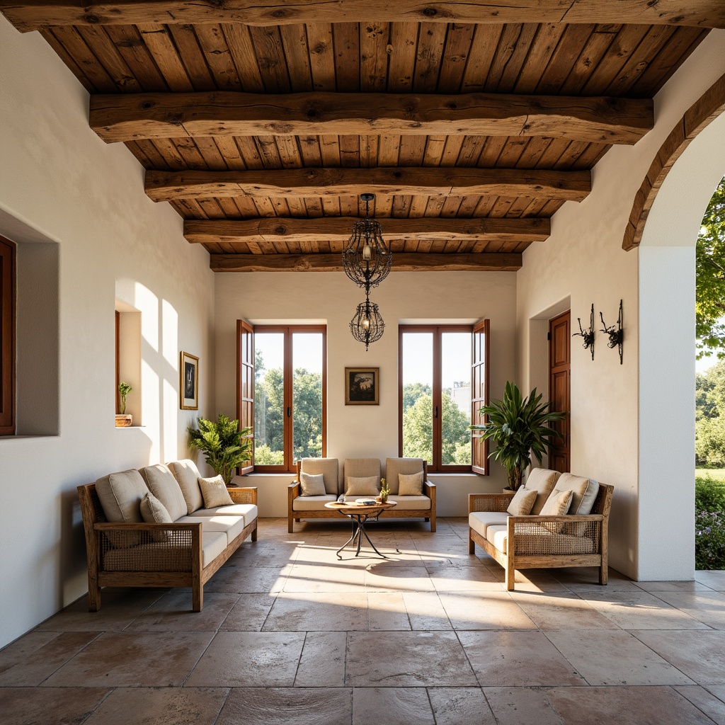 Prompt: Rustic Mediterranean villa, creamy white plaster walls, warm earthy tones, rough-hewn stone floors, distressed wooden beams, ornate wrought iron chandeliers, vintage ceramic tiles, soft warm lighting, shallow depth of field, 3/4 composition, natural textures, ambient occlusion.