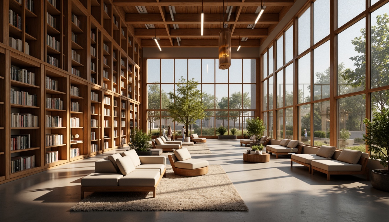 Prompt: Modern library interior, warm wooden shelves, cozy reading nooks, soft cushioned chairs, elegant chandeliers, suspended LED light fixtures, natural daylight pouring in, floor-to-ceiling windows, minimalist tables, comfortable study areas, quiet atmosphere, subtle color scheme, ambient warm lighting, 1/1 composition, shallow depth of field, realistic textures.