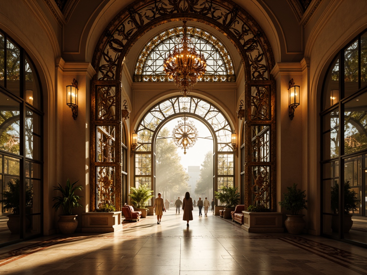 Prompt: Grand entrance, intricate metalwork, ornate details, flowing curves, botanical motifs, elegant lines, luxurious materials, marble floors, stained glass doors, decorative archways, grand chandeliers, warm golden lighting, soft focus, shallow depth of field, 1/1 composition, symmetrical balance, highly textured, realistic reflections.