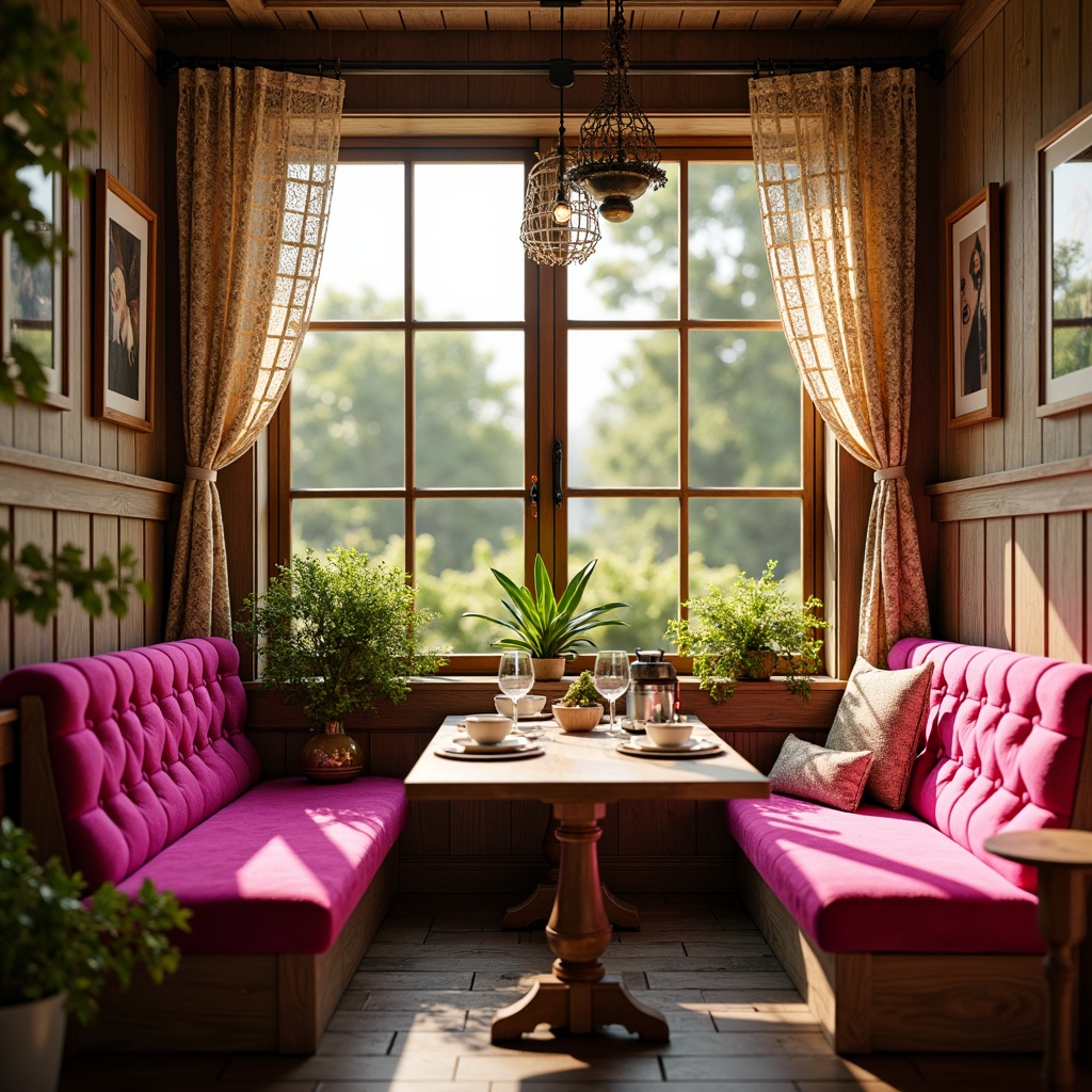 Prompt: Vibrant fuchsia accents, warm golden lighting, rich wood tones, soft creamy whites, natural woven textiles, plush velvet fabrics, whimsical botanical patterns, delicate lace details, ornate metal fixtures, cozy breakfast nook setup, rustic wooden tables, vintage-inspired decor, lush greenery, bright morning sunlight, shallow depth of field, 1/2 composition, warm atmospheric lighting.