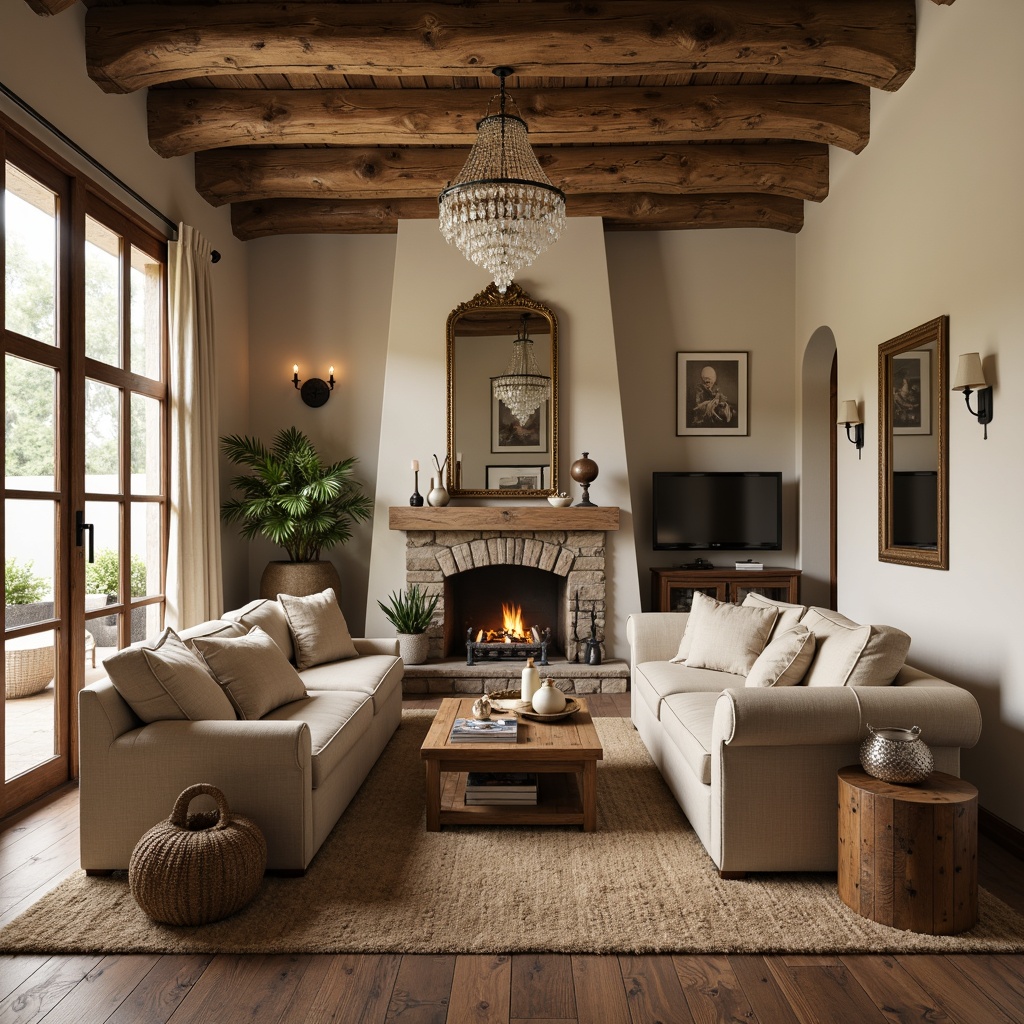 Prompt: Cozy family room, rustic wooden beams, soft cream-colored walls, plush beige sectional sofa, vintage oak coffee table, distressed leather armchairs, ornate gold mirror, elegant crystal chandelier, warm beige area rug, natural stone fireplace, crackling fire, soft warm lighting, 1/2 composition, intimate atmosphere, realistic wood textures, ambient occlusion.