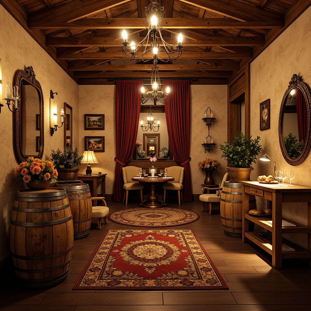 Prompt: Whimsical wine cellar, distressed wooden crates, vintage wine barrels, soft warm glow, candles, chandeliers, pendant lights, rustic metal lanterns, warm beige walls, rich wood tones, ornate mirrors, luxurious velvet drapes, lavish furnishings, antique decorative items, dimmed spotlights, romantic ambiance, cozy nooks, intimate seating areas, richly textured rugs, elegant wine glass displays, subtle sparkle, warm inviting atmosphere.