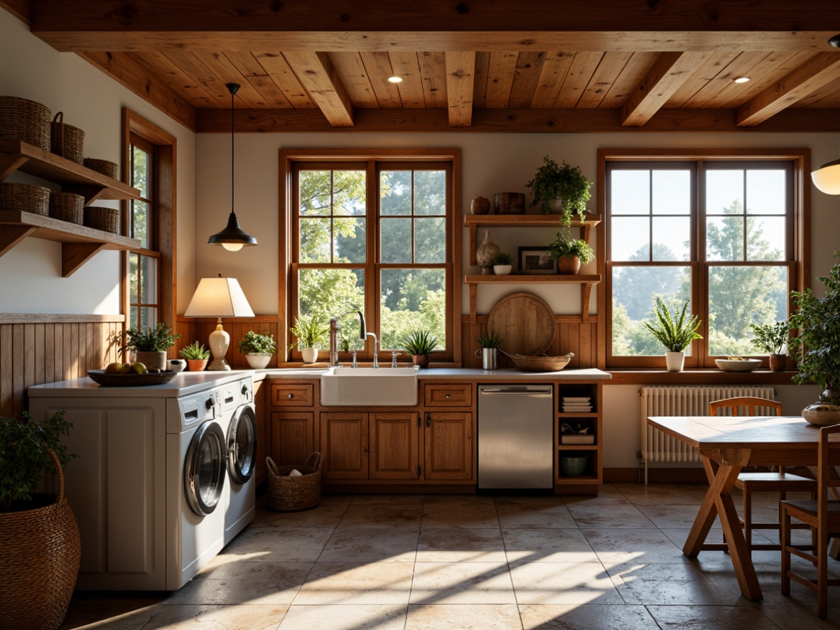 Prompt: Cozy craftsman-style laundry room, warm wooden cabinetry, vintage metal appliances, soft warm lighting, table lamps, pendant lights, natural textiles, woven baskets, earthy color palette, stone flooring, rustic wood accents, large windows, abundant natural light, gentle shadows, 1/1 composition, realistic textures, ambient occlusion.