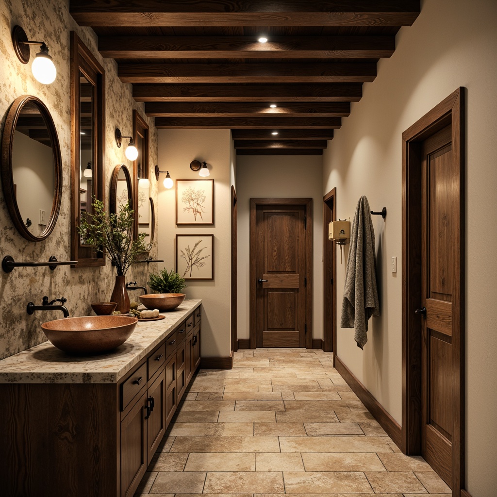 Prompt: Rustic bathroom, distressed wood accents, earthy color palette, natural stone flooring, bronze fixtures, vintage-inspired lighting, metal lanterns, wrought iron towel racks, wooden cabinetry, ceramic sink basins, copper pipes, earth-toned granite countertops, nature-inspired wallpaper, botanical prints, soft warm lighting, shallow depth of field, 3/4 composition, realistic textures, ambient occlusion.