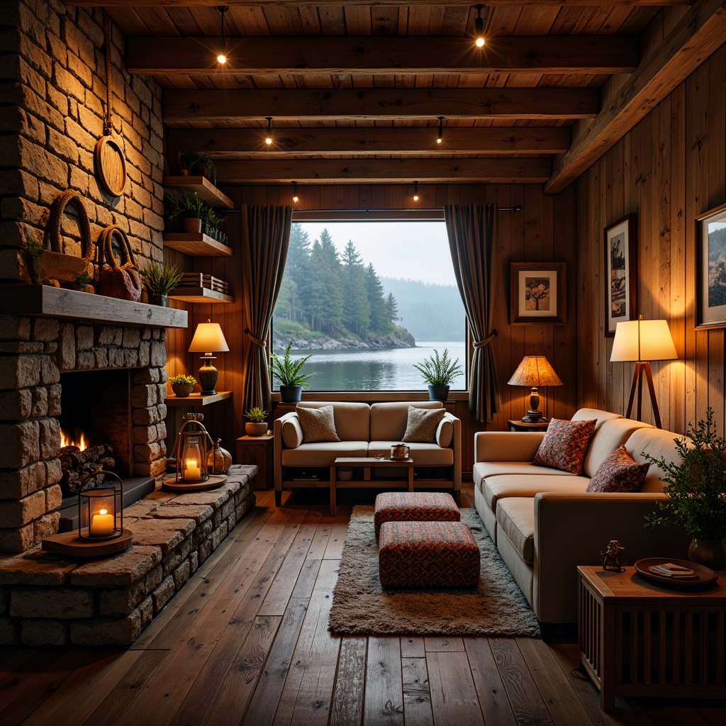 Prompt: Cozy boathouse, rustic wooden accents, warm candlelight, soft lanterns, nautical ropes, vintage marine artifacts, distressed wood flooring, earthy color palette, natural stone walls, wooden beams, comfortable lounge seating, warm textiles, crackling fireplace, dimmable overhead lighting, table lamps, floor lamps, warm LED strips, ambient glow, shallow depth of field, 2/3 composition, soft focus, realistic textures, atmospheric mist.