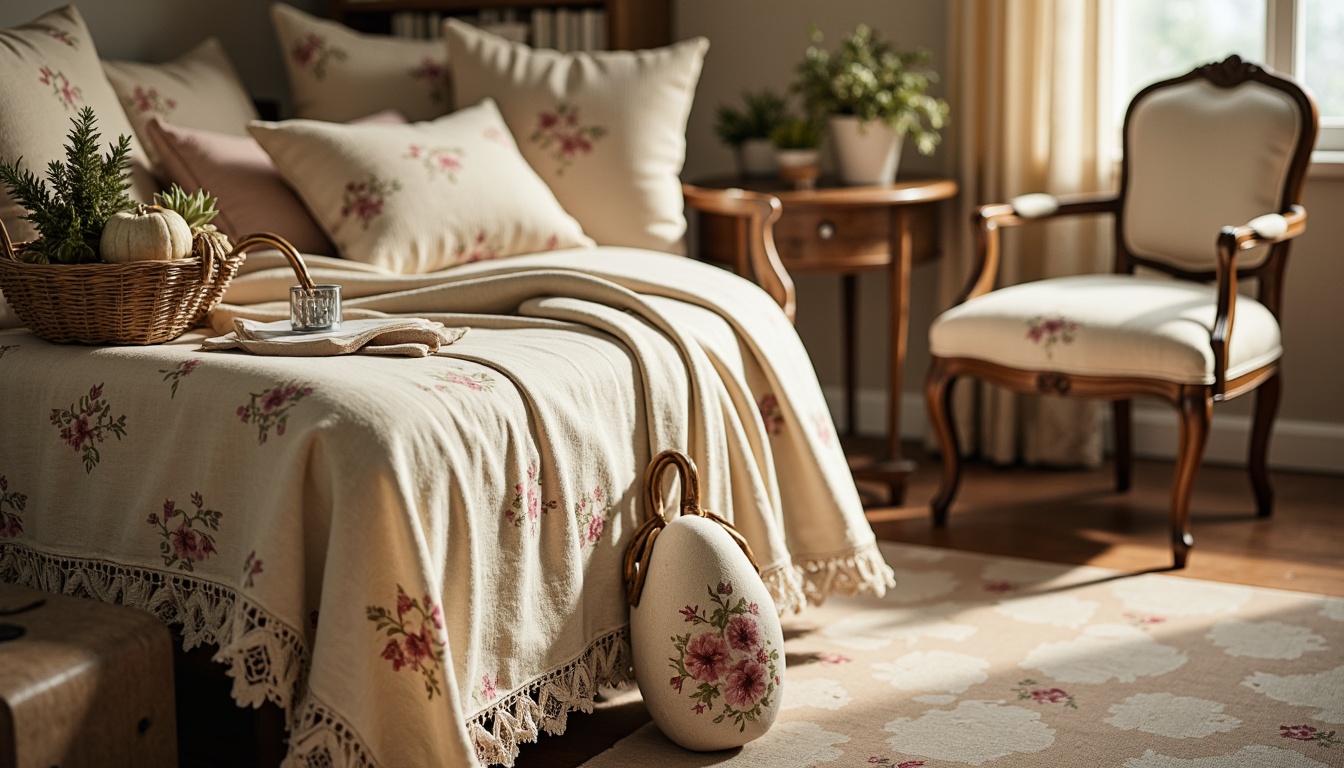 Prompt: Vintage distressed fabrics, soft pastel hues, floral patterns, lace trimmings, ruffled edges, delicate embroidery, gentle textures, warm beige tones, rustic wooden furniture, ornate metal frames, plush area rugs, subtle sheen, morning sunlight, 1/1 composition, shallow depth of field, romantic ambiance.