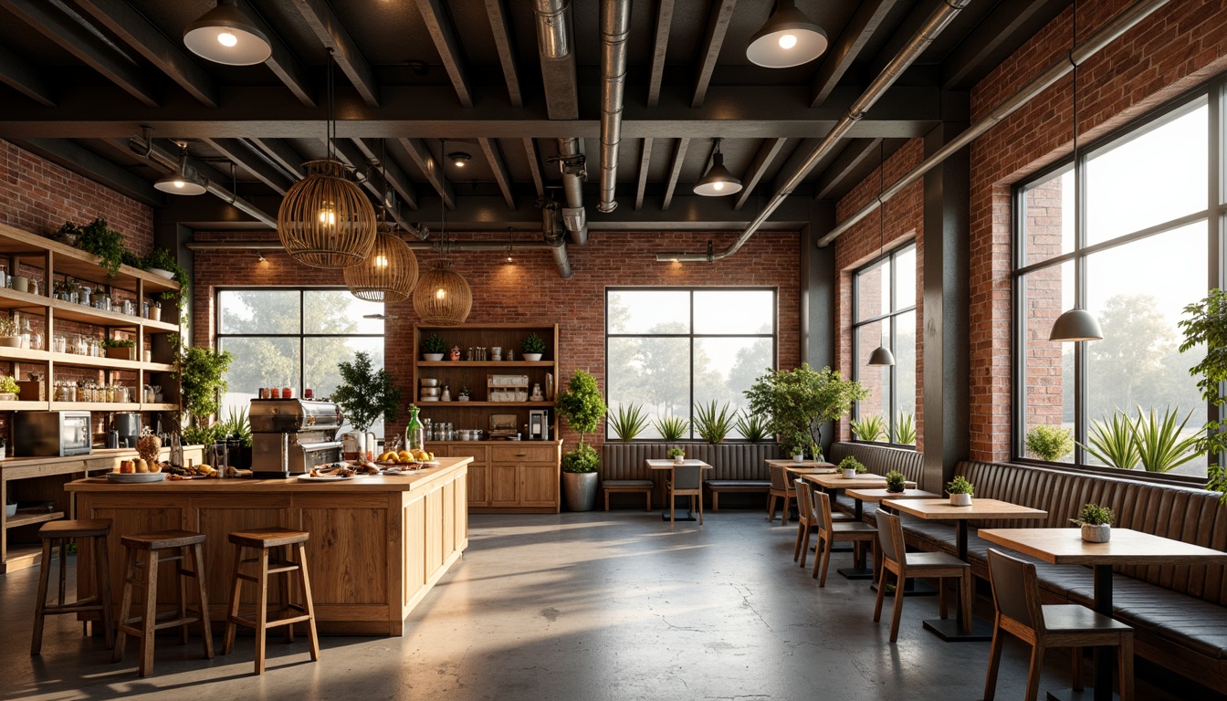 Prompt: Industrial chic breakfast nook, exposed brick walls, metal beams, polished concrete floors, rustic wooden tables, vintage industrial lighting fixtures, metal pendant lamps, warm cozy ambiance, softbox diffused lighting, 1/1 composition, shallow depth of field, realistic metallic textures, ambient occlusion, morning sunlight, warm golden tones, appetizing food displays, artisanal coffee machines, modern minimalist decor.