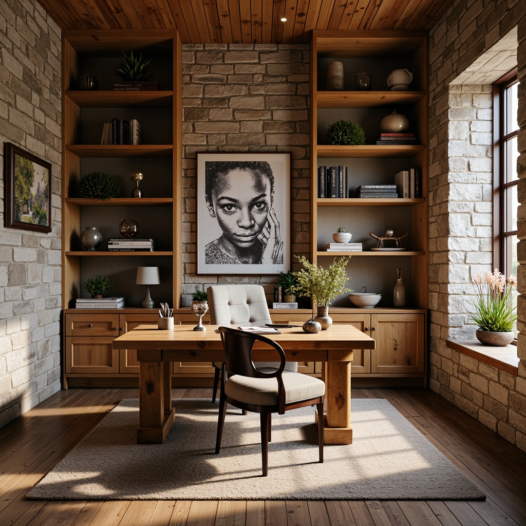 Prompt: Rustic home office, wooden desk, vintage chair, natural stone walls, reclaimed wood accents, earthy color palette, textured brick surfaces, distressed wood finishes, cozy atmosphere, warm lighting, shallow depth of field, 3/4 composition, realistic textures, ambient occlusion.