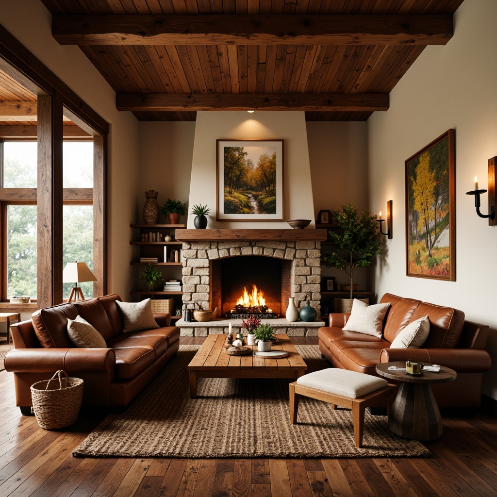 Prompt: Cozy family room, rustic wooden furniture, earthy tone color palette, warm beige walls, distressed wood accents, vintage decorative items, soft brown leather sofas, natural fiber rugs, woven baskets, stone fireplace, candlelight ambiance, autumnal hues, rich terracotta flooring, wooden ceiling beams, nature-inspired artwork, warm golden lighting, shallow depth of field, 1/2 composition, inviting atmosphere.