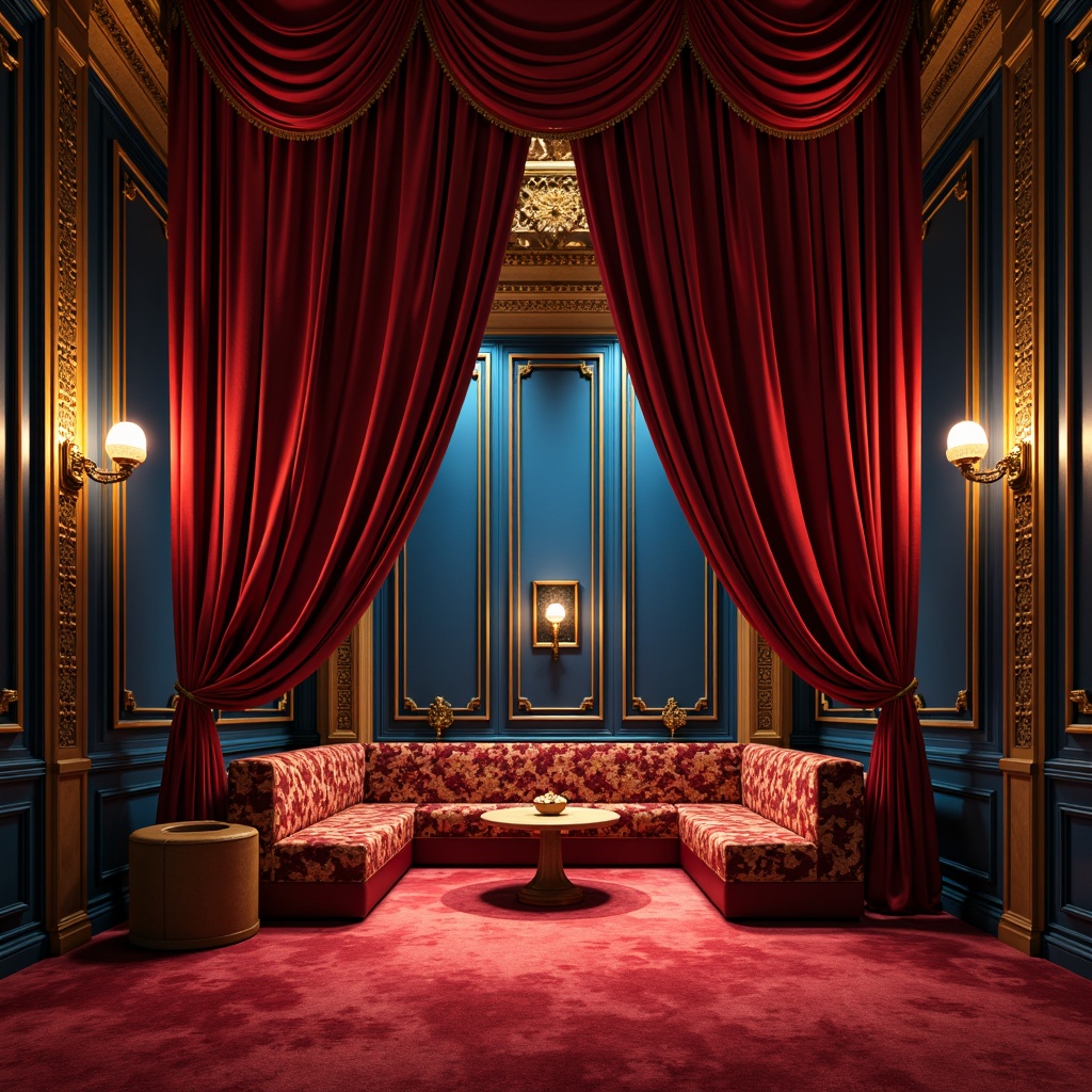 Prompt: Rich velvet curtains, ornate golden trim, lavish red carpets, regal blue walls, luxurious wood accents, dramatic spotlights, warm cozy ambiance, intimate seating arrangement, classic art deco patterns, vintage metallic fixtures, bold contrasting colors, opulent drapery, sophisticated evening atmosphere, soft gentle lighting, 1/2 composition, realistic textures, subtle ambient occlusion.