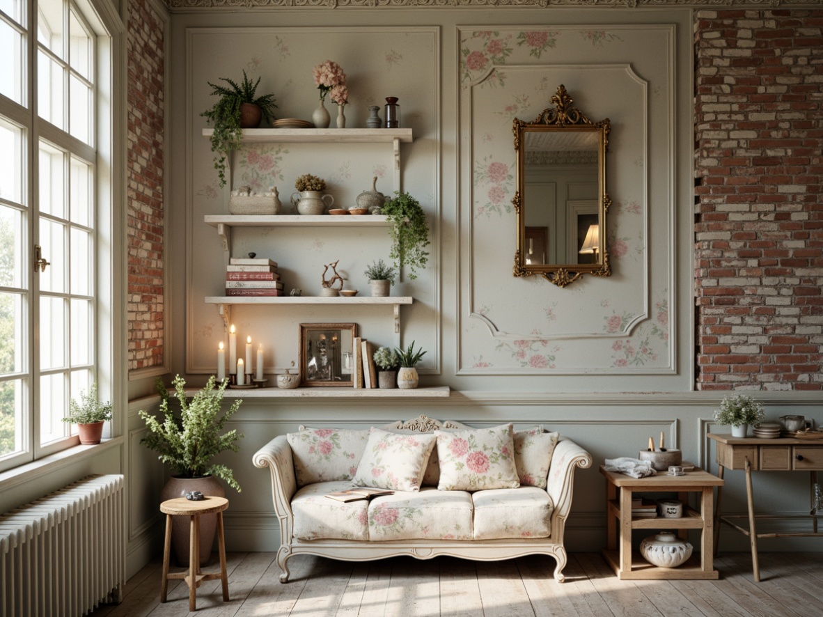 Prompt: Distressed vintage walls, soft pastel colors, floral patterns, lace trim, ornate mirrors, rustic wooden shelves, worn brick textures, faded elegance, warm candlelight, romantic ambiance, 3/4 composition, shallow depth of field, dreamy focus, subtle color palette, natural fabrics, vintage-inspired accessories.Please let me know if this meets your requirements!