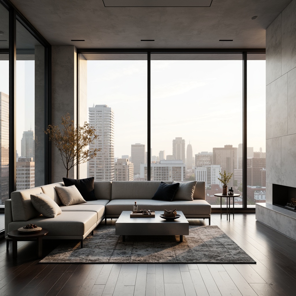 Prompt: Minimalist living room, sleek low-profile sofa, monochromatic color scheme, sparse decorative accents, industrial metal coffee table, geometric-patterned rug, floor-to-ceiling windows, abundant natural light, urban cityscape view, soft warm glow, shallow depth of field, 1/1 composition, panoramic view, realistic textures, ambient occlusion.