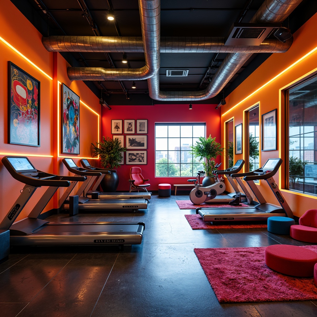 Prompt: Vibrant home gym, postmodern architecture, bold color schemes, eclectic furniture, abstract art pieces, sleek fitness equipment, mirrored walls, polished chrome accents, neon lighting, futuristic treadmills, high-tech exercise bikes, weightlifting stations, meditation areas, plush flooring, urban loft-inspired ceilings, exposed ductwork, reclaimed wood accents, industrial-chic decor, dynamic camera angles, shallow depth of field, 1/2 composition, warm softbox lighting, realistic textures, ambient occlusion.