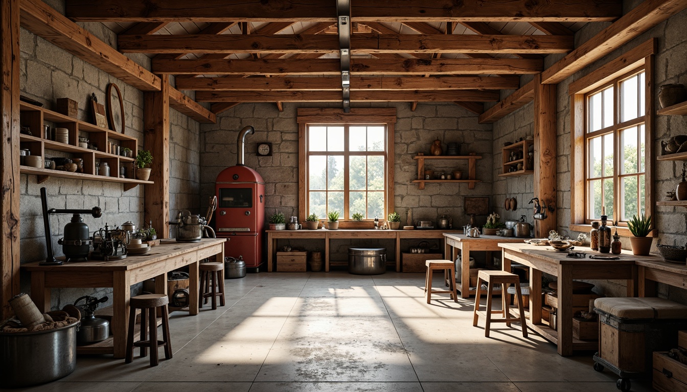 Prompt: Rustic workshop interior, exposed wooden beams, distressed wood textures, earthy color palette, industrial metal accents, vintage machinery, wooden workbenches, metal stools, concrete floors, rough-hewn stone walls, reclaimed lumber, natural light pouring in, warm softbox lighting, shallow depth of field, 1/1 composition, realistic wood grain, ambient occlusion.