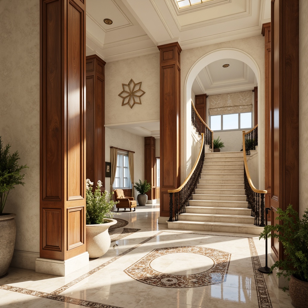 Prompt: Marble floors, herringbone wood patterns, ornate mosaic tiles, high-gloss finishes, cream-colored limestone, elegant staircases, intricately carved wooden banisters, subtle texture variations, soft warm lighting, shallow depth of field, 3/4 composition, panoramic view, realistic reflections, ambient occlusion.