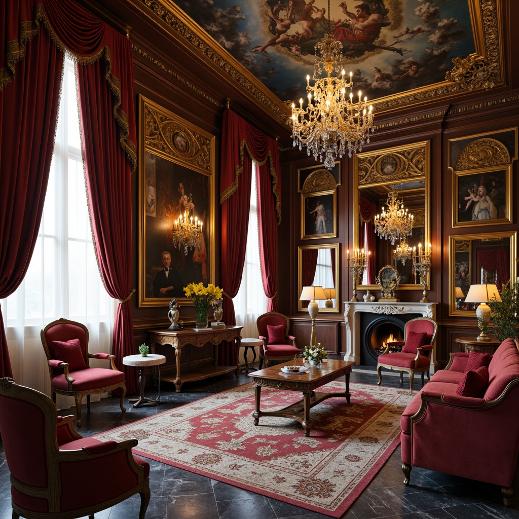 Prompt: Ornate velvet armchairs, gilded wooden frames, intricately carved mahogany tables, lavish silk drapes, richly patterned rugs, grandiose chandeliers, luxurious marble floors, opulent tufted sofas, curved lines, golden accents, ornamental mirrors, elaborate frescoes, warm candlelight, soft focus, atmospheric perspective, 1/2 composition, intimate scale, realistic textures, ambient occlusion.