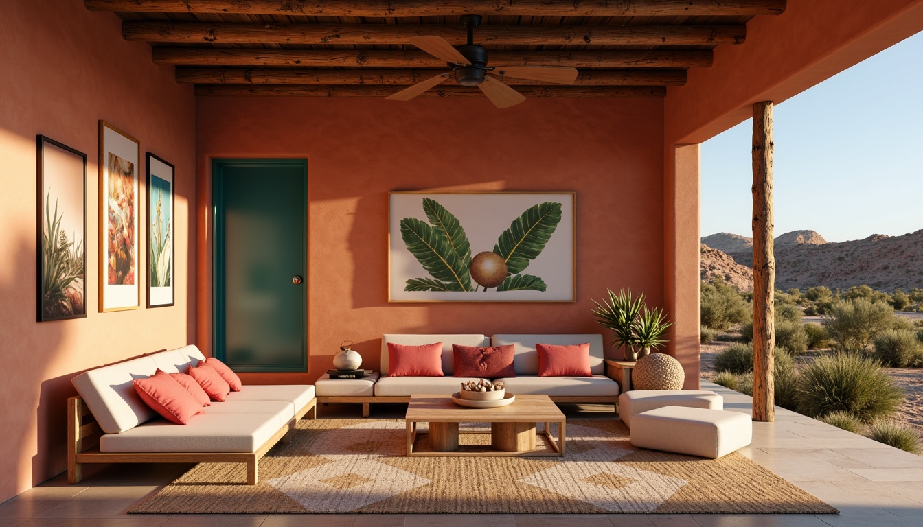 Prompt: Earthy southwestern interior, warm terracotta walls, rich turquoise accents, soft sandy beige floors, vibrant coral pink throw pillows, natural woven textiles, rustic wooden furniture, modern minimalist decor, sleek metal lighting fixtures, desert botanical prints, geometric patterned rugs, ambient warm lighting, shallow depth of field, 1/1 composition, realistic textures.