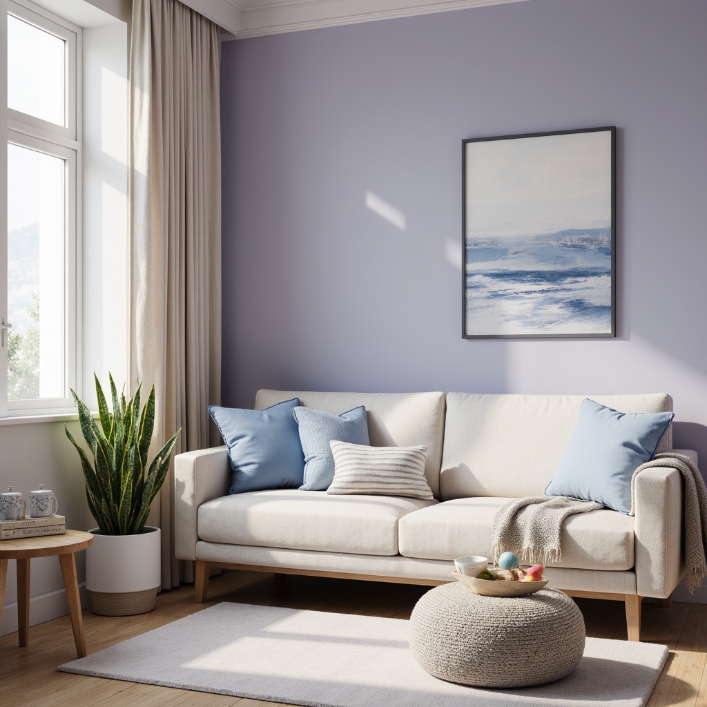 Prompt: Soft lavender walls, calming blue accents, creamy white furniture, natural wood textures, minimalist decor, modern interior design, cozy reading nook, comfortable plush sofa, abstract artwork, gentle warm lighting, shallow depth of field, 1/1 composition, soft focus, realistic materials, ambient occlusion.