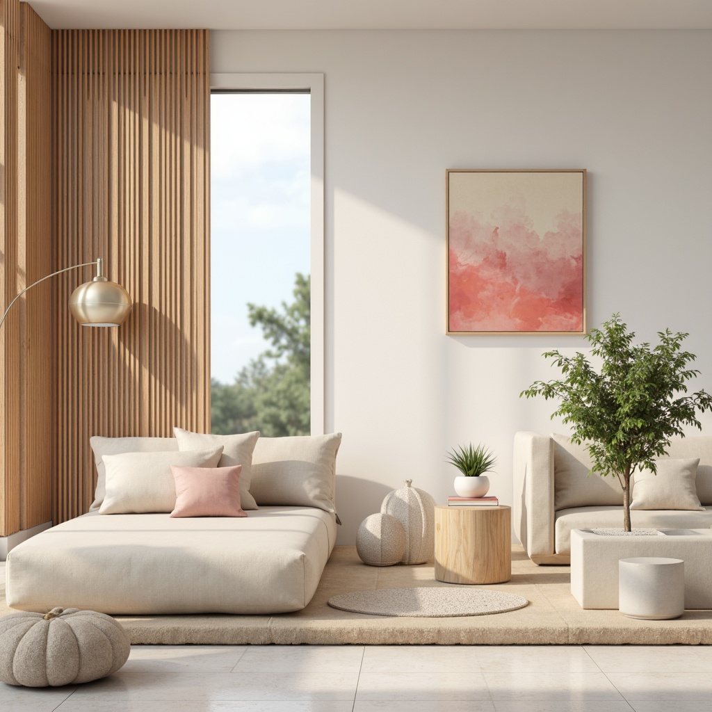 Prompt: Soft pastel hues, creamy whites, warm beige tones, rich wood accents, natural stone textures, elegant metallic finishes, calming blues, soothing greens, vibrant coral pops, subtle gradient effects, layered transparency, gentle color transitions, serene ambiance, 1/2 composition, shallow depth of field, warm soft lighting, realistic material reflections.