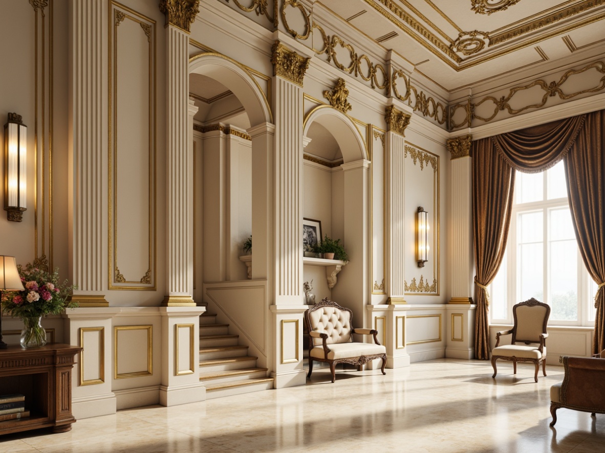 Prompt: Elegant neoclassical interior, ornate moldings, intricately carved details, gilded accents, creamy marble floors, stately columns, archways, refined proportions, symmetrical composition, subtle lighting, warm beige tones, luxurious fabrics, velvet drapes, crystal chandeliers, antique furniture pieces, sophisticated ambiance, 3/4 composition, soft focus, realistic textures.