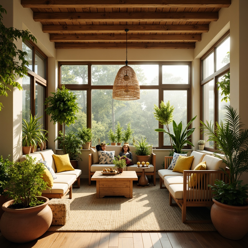 Prompt: Cozy sunroom, natural light pouring in, warm beige walls, soft cream-colored furniture, vibrant greenery, lush plants, wooden accents, earthy terracotta pots, calming blue hues, serene atmosphere, comfortable seating area, plush cushions, bright yellow accents, cheerful floral patterns, rustic wooden beams, airy feel, shallow depth of field, 1/1 composition, warm golden lighting.