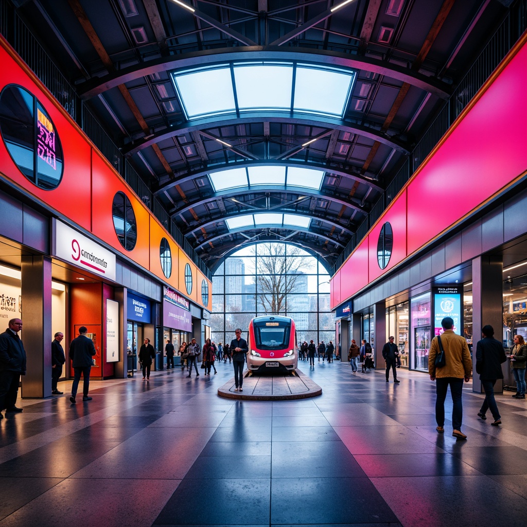 Prompt: Vibrant train station, modern architecture, bright color accents, neon lights, sleek metal beams, polished marble floors, futuristic LED displays, dynamic signage, urban cityscape, bustling atmosphere, morning commute, warm natural lighting, shallow depth of field, 3/4 composition, panoramic view, realistic textures, ambient occlusion.