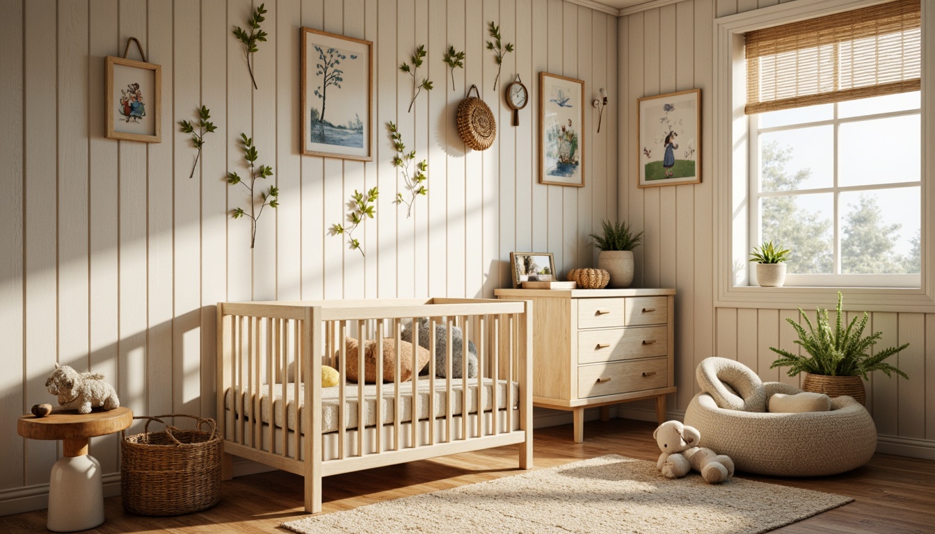 Prompt: Cozy nursery, rustic wooden accents, vintage distressed finishes, soft pastel hues, creamy whites, warm beige tones, nature-inspired colors, earthy browns, sky blues, gentle yellows, whimsical illustrations, folk-art patterns, woven textiles, plush area rugs, natural fabrics, floral motifs, subtle lace details, warm golden lighting, shallow depth of field, 1/1 composition, intimate atmosphere.