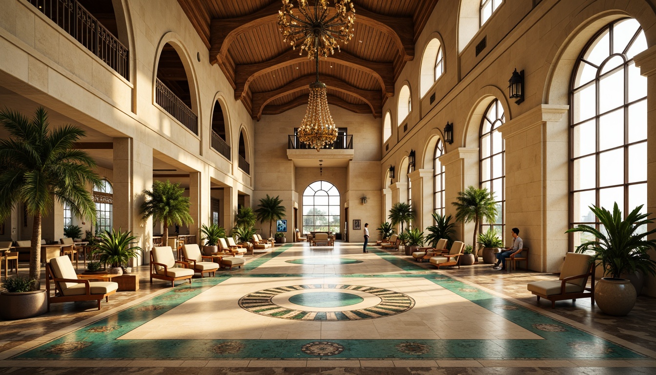 Prompt: Majestic airport terminal, warm beige stone walls, curved arches, ornate ironwork, turquoise accents, vibrant ceramic tiles, natural wood furnishings, lush greenery, tropical plants, elegant chandeliers, soft golden lighting, shallow depth of field, 1/1 composition, panoramic view, realistic textures, ambient occlusion.