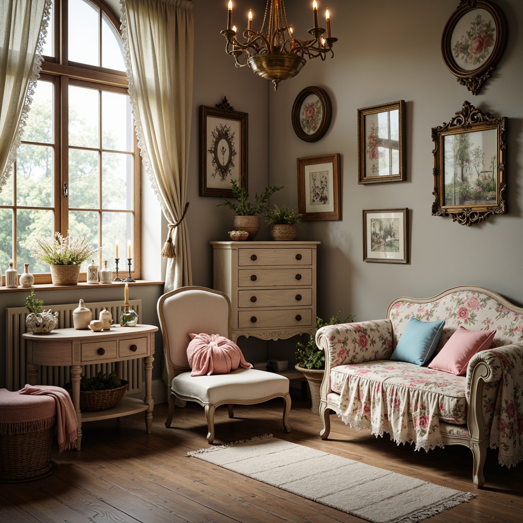 Prompt: Distressed wooden furniture, vintage decorative items, soft pastel colors, lace curtains, floral patterns, ruffled fabrics, ornate mirrors, antique accessories, distressed finishes, rustic textures, warm candlelight, romantic ambiance, whimsical decor, feminine touches, elegant chandeliers, natural fibers, woven baskets, artificial flowers, subtle shimmer, gentle color palette, 1/1 composition, intimate atmosphere, soft focus, warm lighting.