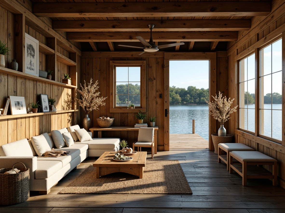 Prompt: Rustic boathouse, weathered wood tones, earthy brown, moss green, sky blue, creamy whites, distressed finishes, vintage nautical accents, natural textiles, woven baskets, driftwood decorations, lake scenery, serene atmosphere, warm golden lighting, shallow depth of field, 2/3 composition, natural materials, organic shapes, cozy interior, plush furnishings, wooden docks, water reflections.