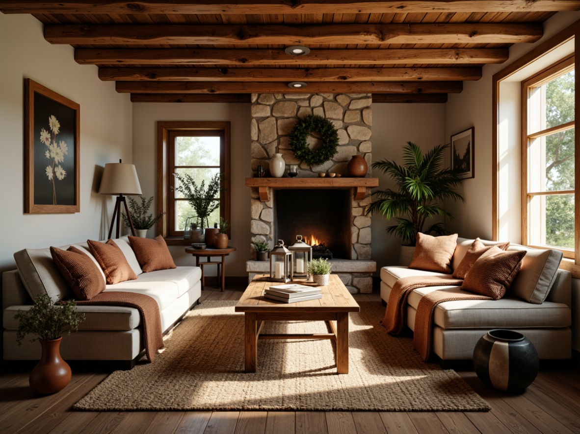 Prompt: Cozy rustic family room, warm earthy tones, reclaimed wood accents, plush throw blankets, comfortable sectional sofa, wooden coffee table, vintage metal lanterns, stone fireplace, natural woven rugs, earthy pottery vases, potted green plants, soft warm lighting, shallow depth of field, 3/4 composition, realistic textures, ambient occlusion.